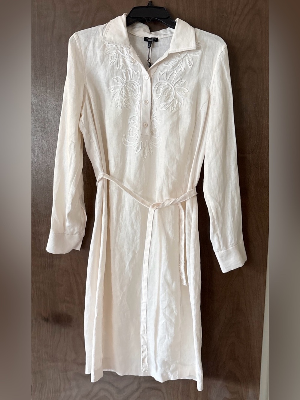 NEW Talbots 100% Linen Ivory Beaded Embroidered Shirt Dress Long Sleeve Sz 10